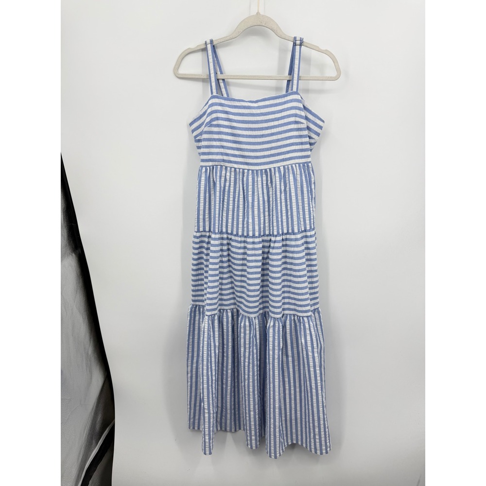 Calista Seersucker Tiered Midi Dress Womens M Blue White Striped Smocked FD42370